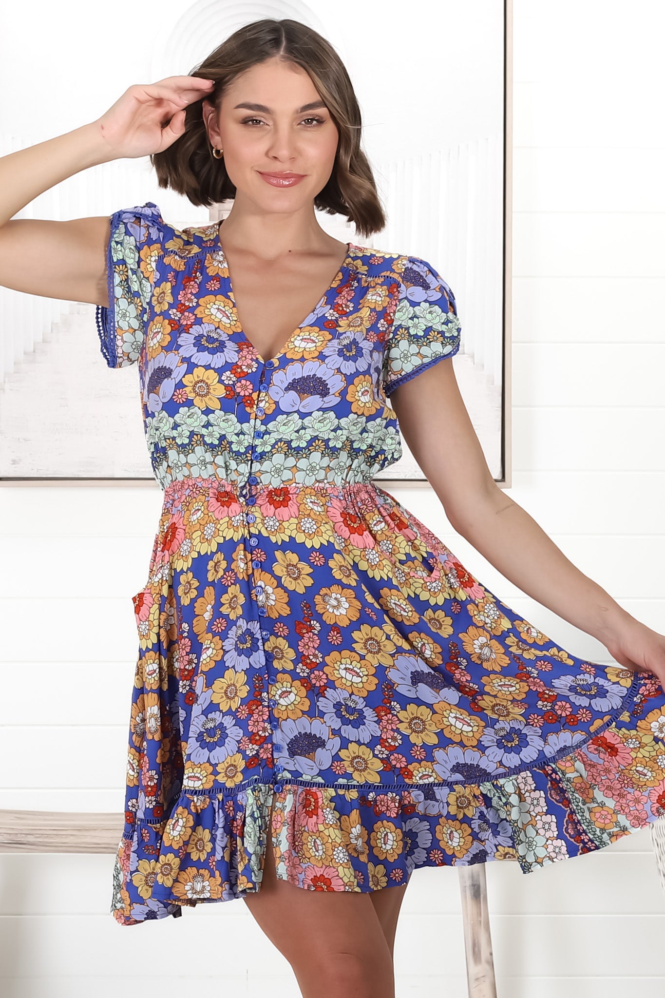 JAASE - Lizzie Mini Dress: Butterfly Cap Sleeve Button Down Dress with Pockets in Eden Print