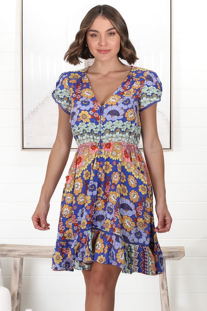 JAASE - Lizzie Mini Dress: Butterfly Cap Sleeve Button Down Dress with Pockets in Eden Print