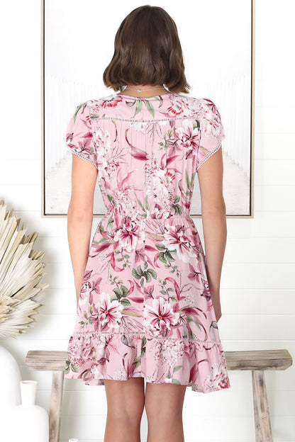 JAASE - Lizzie Mini Dress: Butterfly Cap Sleeve Button Down Dress with Pockets in Pink Lotus Print