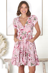 Lizzie Mini Dress - Butterfly Cap Sleeve Button Down Dress with Pockets in Pink Lotus Print