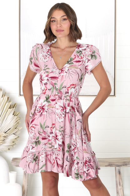 JAASE - Lizzie Mini Dress: Butterfly Cap Sleeve Button Down Dress with Pockets in Pink Lotus Print