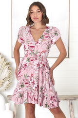 Lizzie Mini Dress - Butterfly Cap Sleeve Button Down Dress with Pockets in Pink Lotus Print