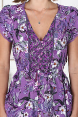 JAASE - Lizzie Mini Dress: Butterfly Cap Sleeve Button Down Dress with Pockets in Rhodium Print