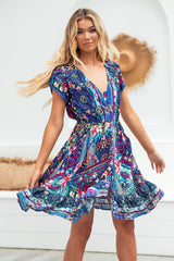 Lizzie Mini Dress - Butterfly Cap Sleeve Button Down Dress with Pockets in Rocco Print