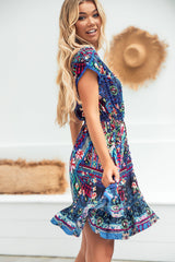 JAASE - Lizzie Mini Dress: Butterfly Cap Sleeve Button Down Dress with Pockets in Rocco Print