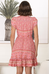 JAASE - Lizzie Mini Dress: Butterfly Cap Sleeve Button Down Dress with Pockets in Strawberries and Cream Print