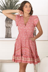 JAASE - Lizzie Mini Dress: Butterfly Cap Sleeve Button Down Dress with Pockets in Strawberries and Cream Print