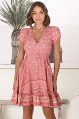 JAASE - Lizzie Mini Dress: Butterfly Cap Sleeve Button Down Dress with Pockets in Strawberries and Cream Print