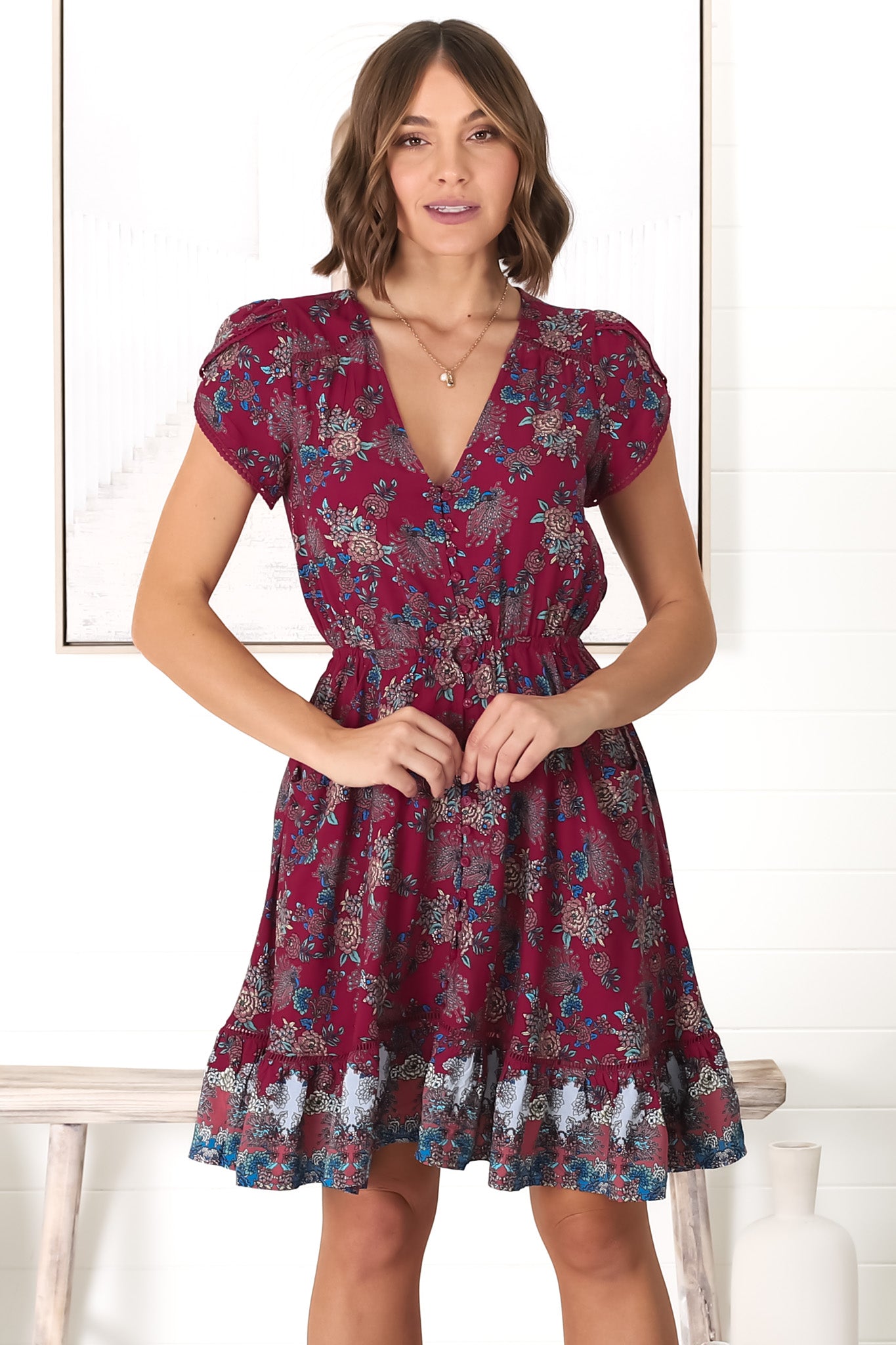 JAASE - Lizzie Mini Dress: Butterfly Cap Sleeve Button Down Dress with Pockets in Strawberry Kiss Print