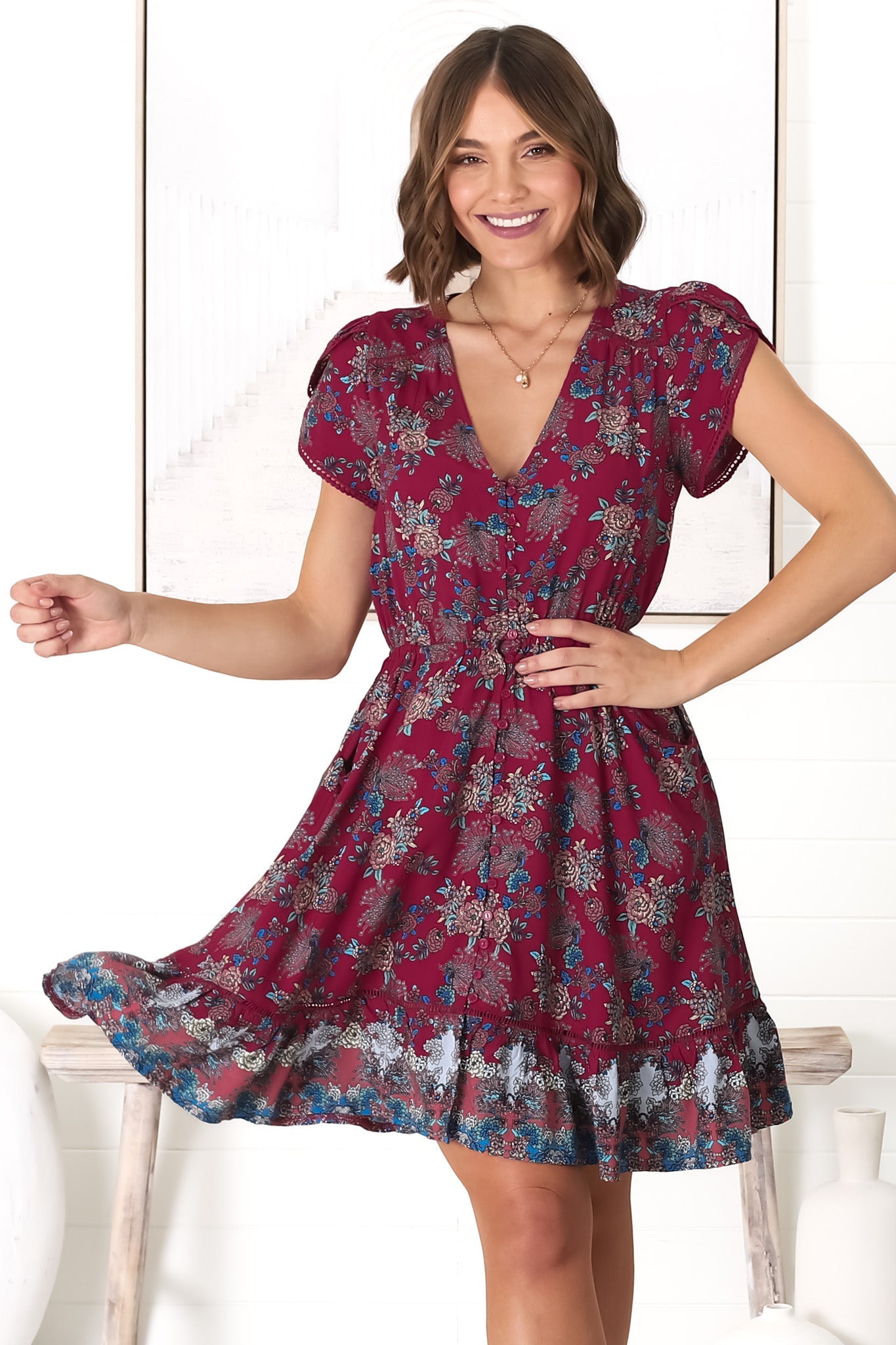 JAASE - Lizzie Mini Dress: Butterfly Cap Sleeve Button Down Dress with Pockets in Strawberry Kiss Print
