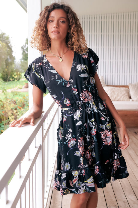 JAASE - Lizzie Mini Dress: Butterfly Cap Sleeve Button Down Dress with Pockets in Under The Stars Print