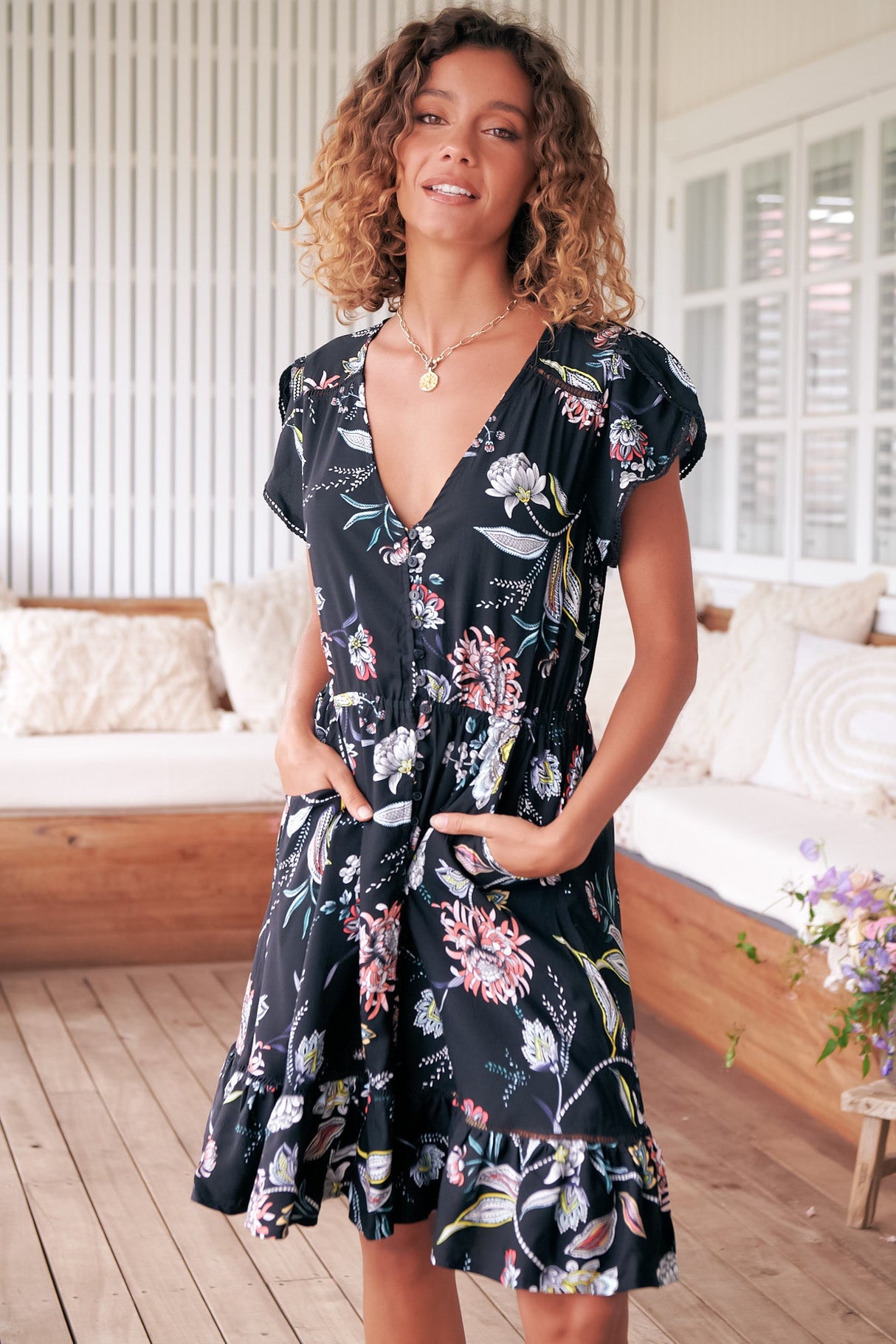 JAASE - Lizzie Mini Dress: Butterfly Cap Sleeve Button Down Dress with Pockets in Under The Stars Print