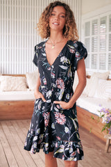 JAASE - Lizzie Mini Dress: Butterfly Cap Sleeve Button Down Dress with Pockets in Under The Stars Print