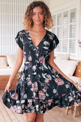 JAASE - Lizzie Mini Dress: Butterfly Cap Sleeve Button Down Dress with Pockets in Under The Stars Print