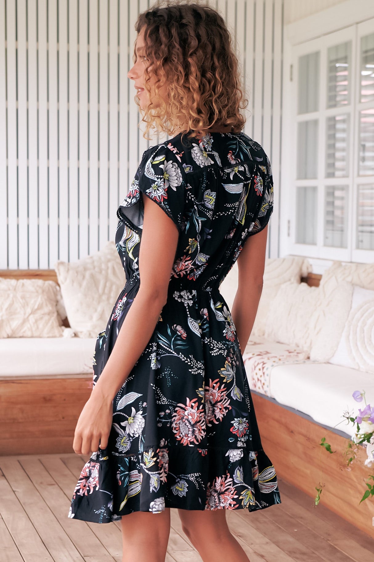 JAASE - Lizzie Mini Dress: Butterfly Cap Sleeve Button Down Dress with Pockets in Under The Stars Print