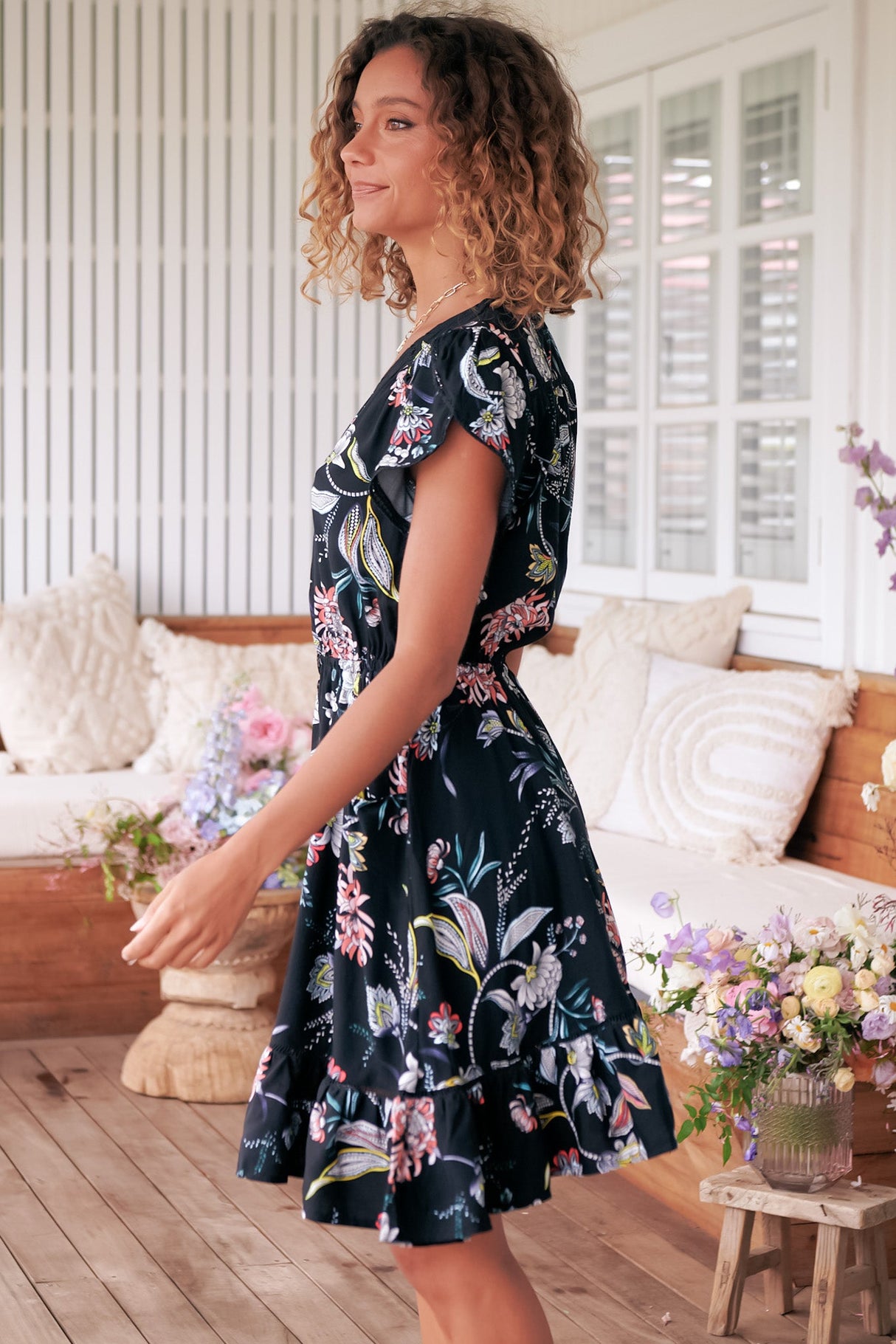JAASE - Lizzie Mini Dress: Butterfly Cap Sleeve Button Down Dress with Pockets in Under The Stars Print