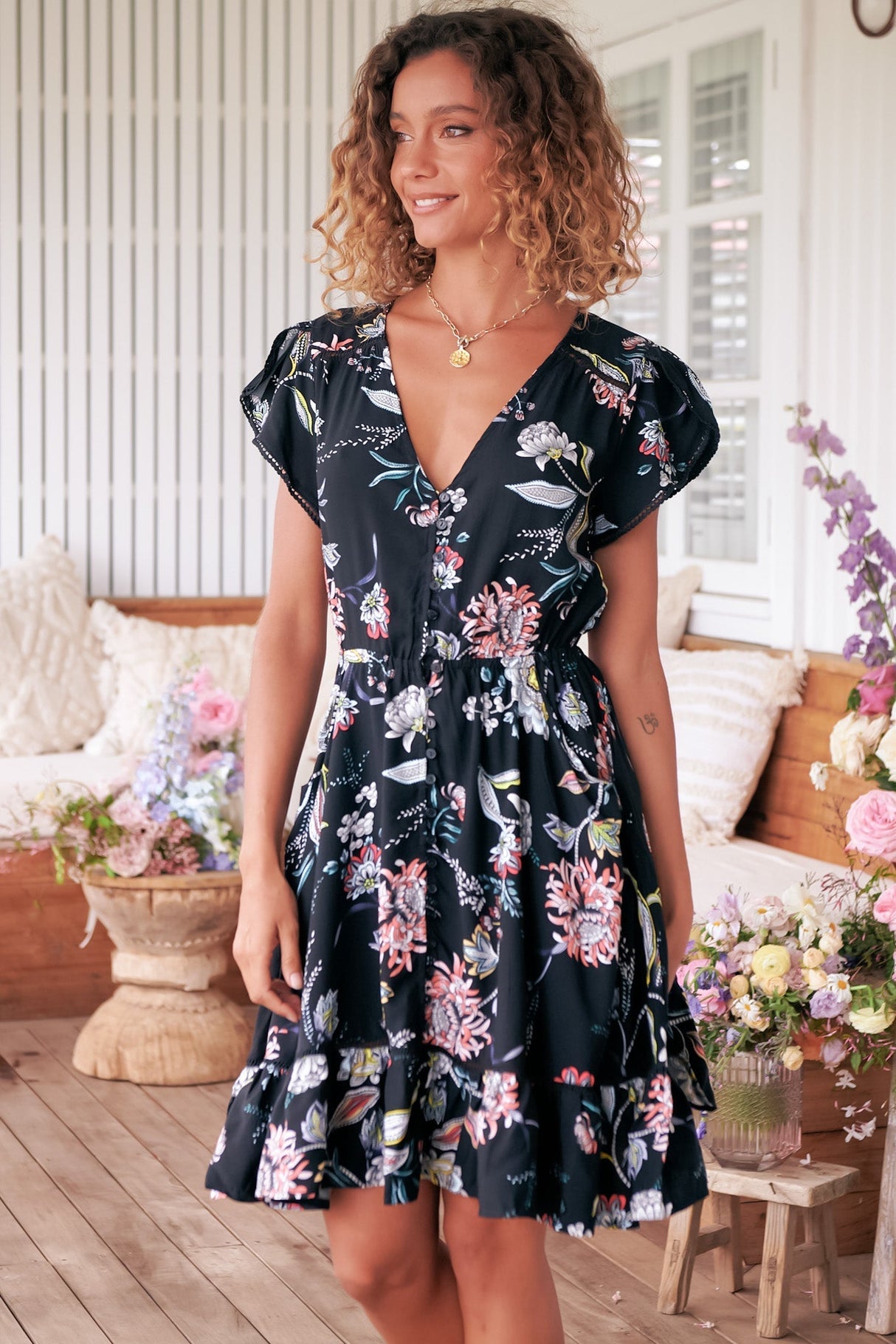 JAASE - Lizzie Mini Dress: Butterfly Cap Sleeve Button Down Dress with Pockets in Under The Stars Print