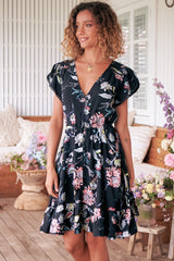 JAASE - Lizzie Mini Dress: Butterfly Cap Sleeve Button Down Dress with Pockets in Under The Stars Print