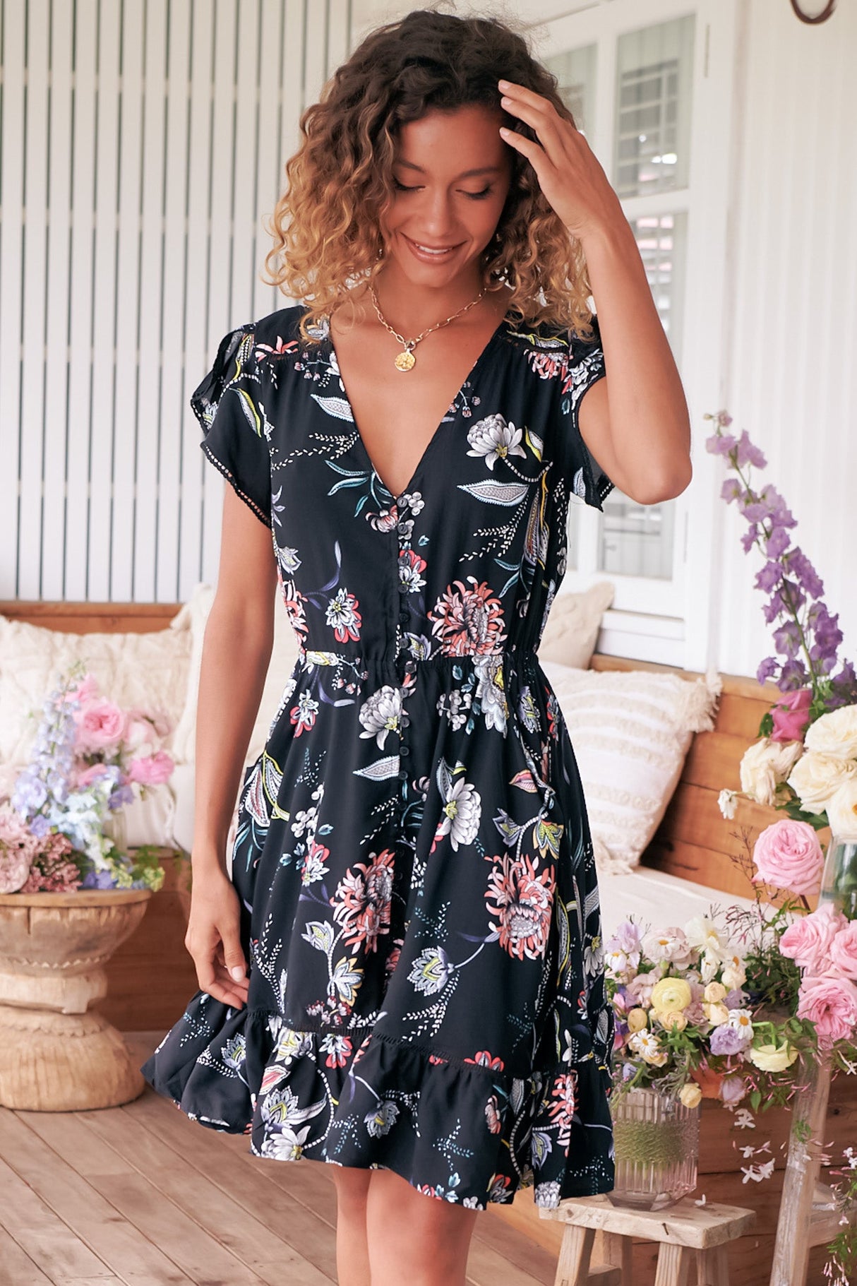 JAASE - Lizzie Mini Dress: Butterfly Cap Sleeve Button Down Dress with Pockets in Under The Stars Print
