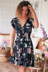 JAASE - Lizzie Mini Dress: Butterfly Cap Sleeve Button Down Dress with Pockets in Under The Stars Print