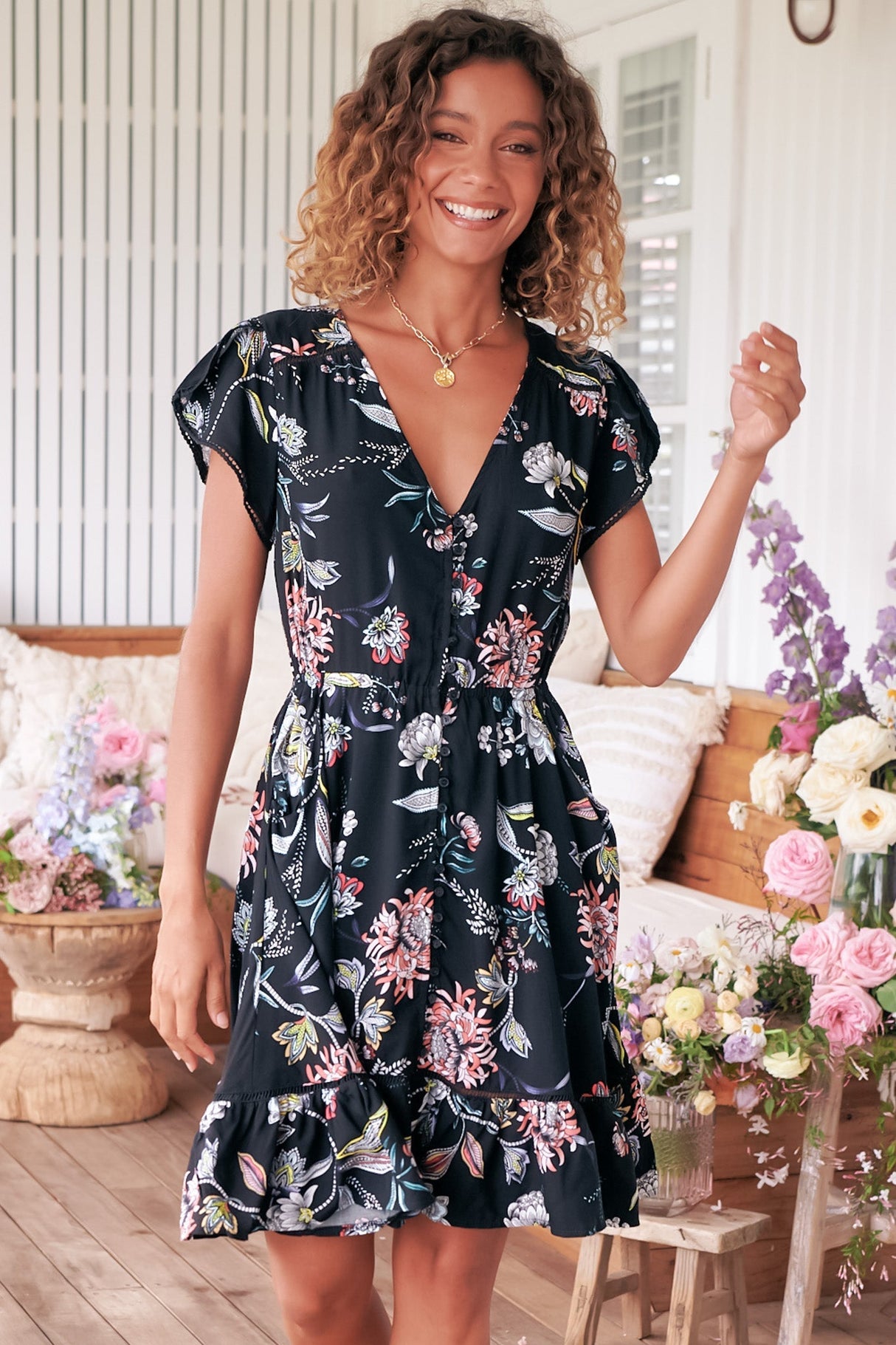 JAASE - Lizzie Mini Dress: Butterfly Cap Sleeve Button Down Dress with Pockets in Under The Stars Print