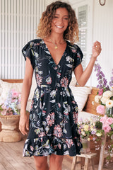 JAASE - Lizzie Mini Dress: Butterfly Cap Sleeve Button Down Dress with Pockets in Under The Stars Print