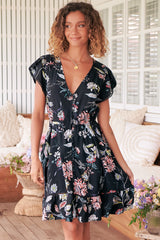 JAASE - Lizzie Mini Dress: Butterfly Cap Sleeve Button Down Dress with Pockets in Under The Stars Print