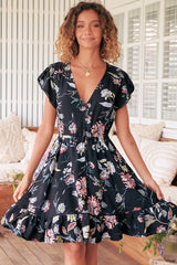 JAASE - Lizzie Mini Dress: Butterfly Cap Sleeve Button Down Dress with Pockets in Under The Stars Print