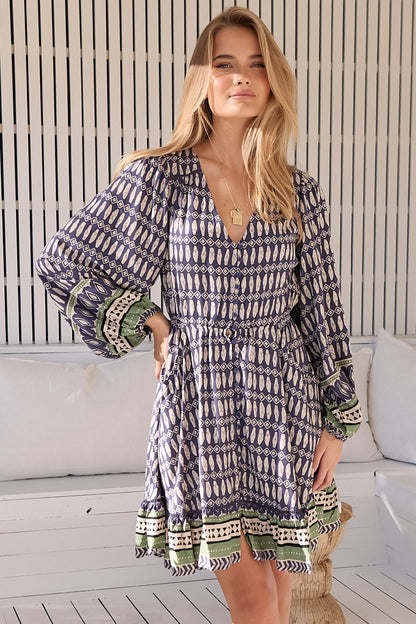 JAASE - Lizzie Long Sleeve Mini Dress: Button Down Dress with Pockets in Lorena Print