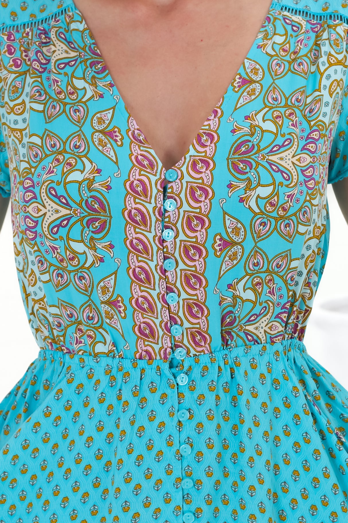 JAASE - Lizzie Mini Dress: Butterfly Cap Sleeve Button Down Dress with Pockets in Atlantis Print