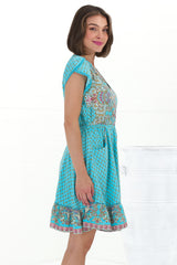 Lizzie Mini Dress - Butterfly Cap Sleeve Button Down Dress with Pockets in Atlantis Print