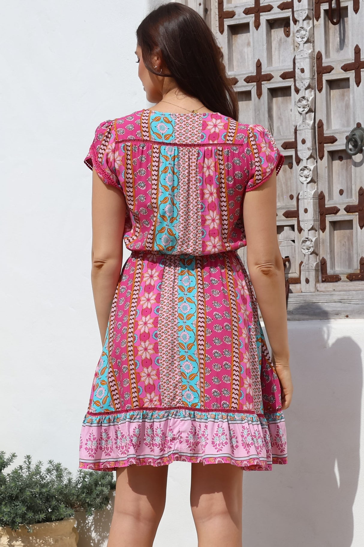 JAASE - Lizzie Mini Dress: Butterfly Cap Sleeve Button Down Dress with Pockets in Cedella Print
