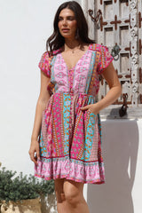 JAASE - Lizzie Mini Dress: Butterfly Cap Sleeve Button Down Dress with Pockets in Cedella Print