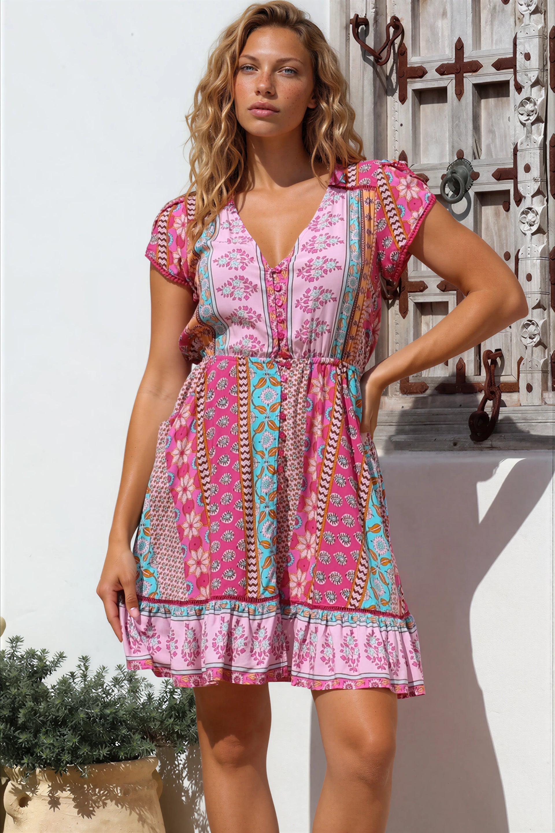 Lizzie Mini Dress Butterfly Cap Sleeve Button Down Dress Pockets Cedella Print
