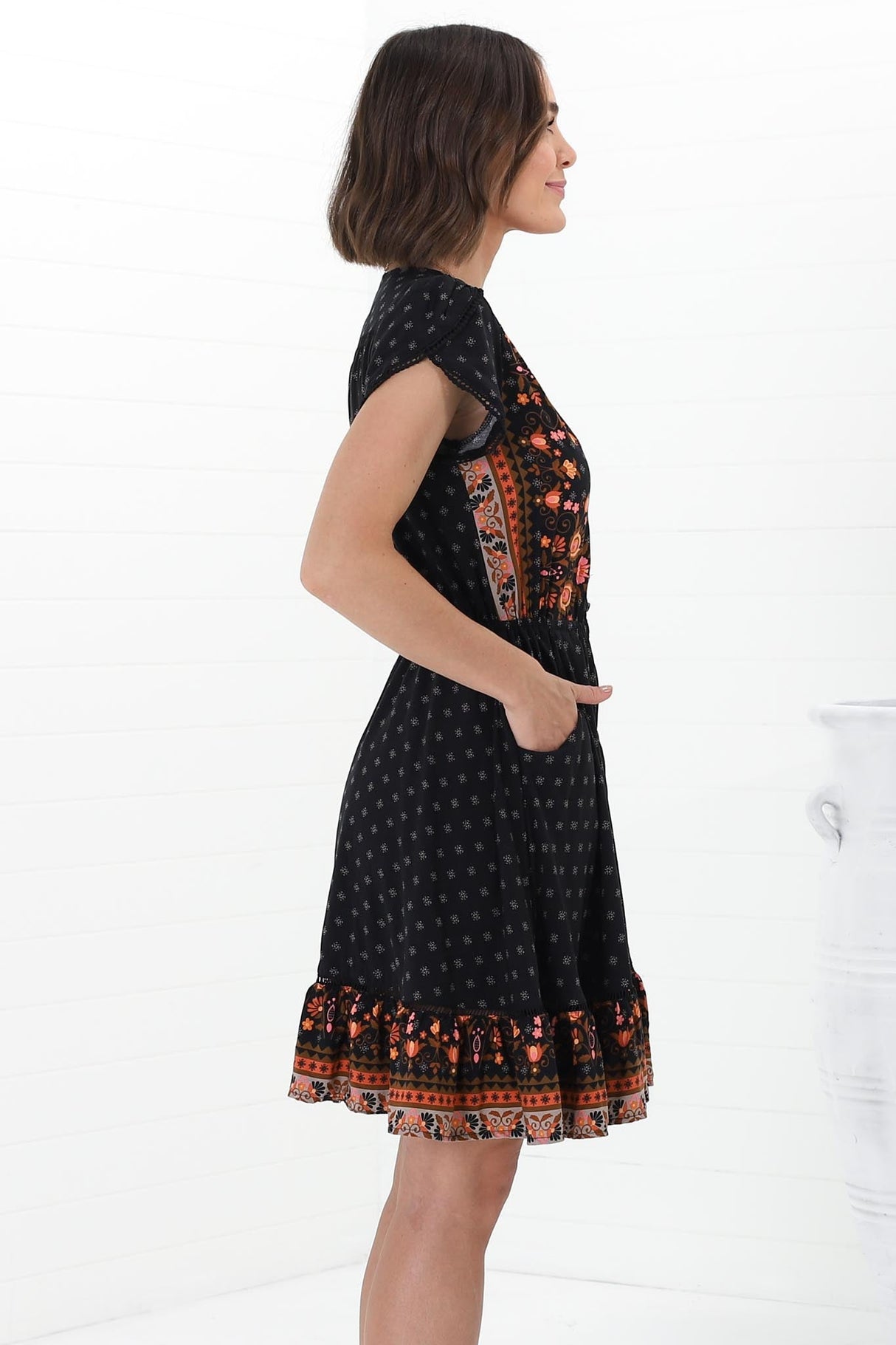 JAASE - Lizzie Mini Dress: Butterfly Cap Sleeve Button Down Dress with Pockets in Emmery Print