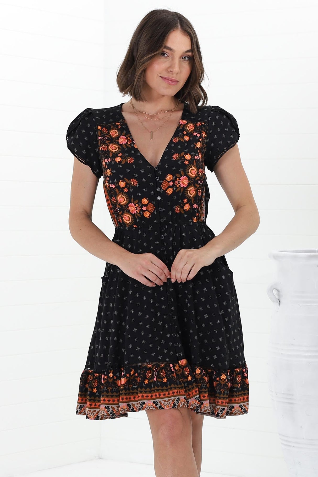 Lizzie Mini Dress - Butterfly Cap Sleeve Button Down Dress with Pockets in Emmery Print