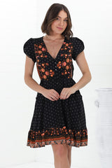 JAASE - Lizzie Mini Dress: Butterfly Cap Sleeve Button Down Dress with Pockets in Emmery Print