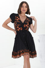 Lizzie Mini Dress - Butterfly Cap Sleeve Button Down Dress with Pockets in Emmery Print