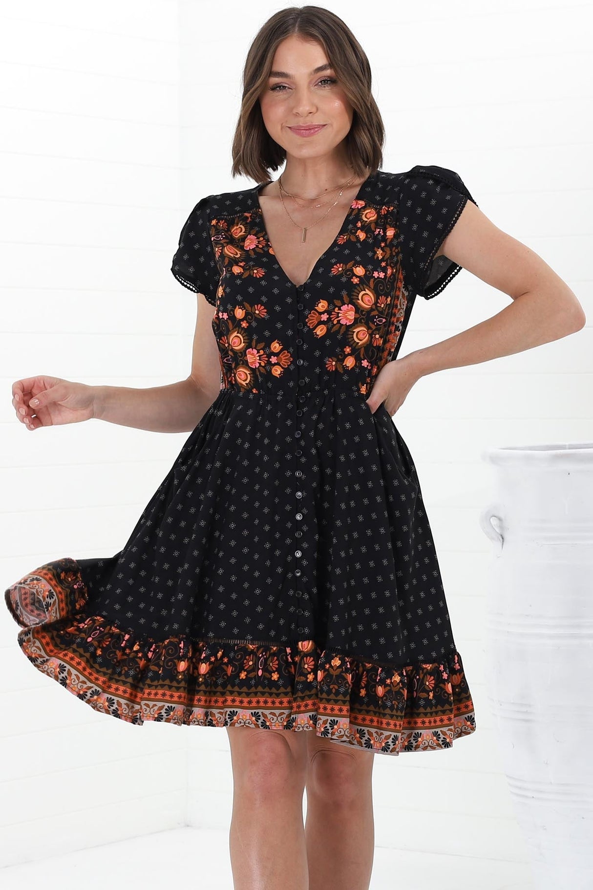 JAASE - Lizzie Mini Dress: Butterfly Cap Sleeve Button Down Dress with Pockets in Emmery Print