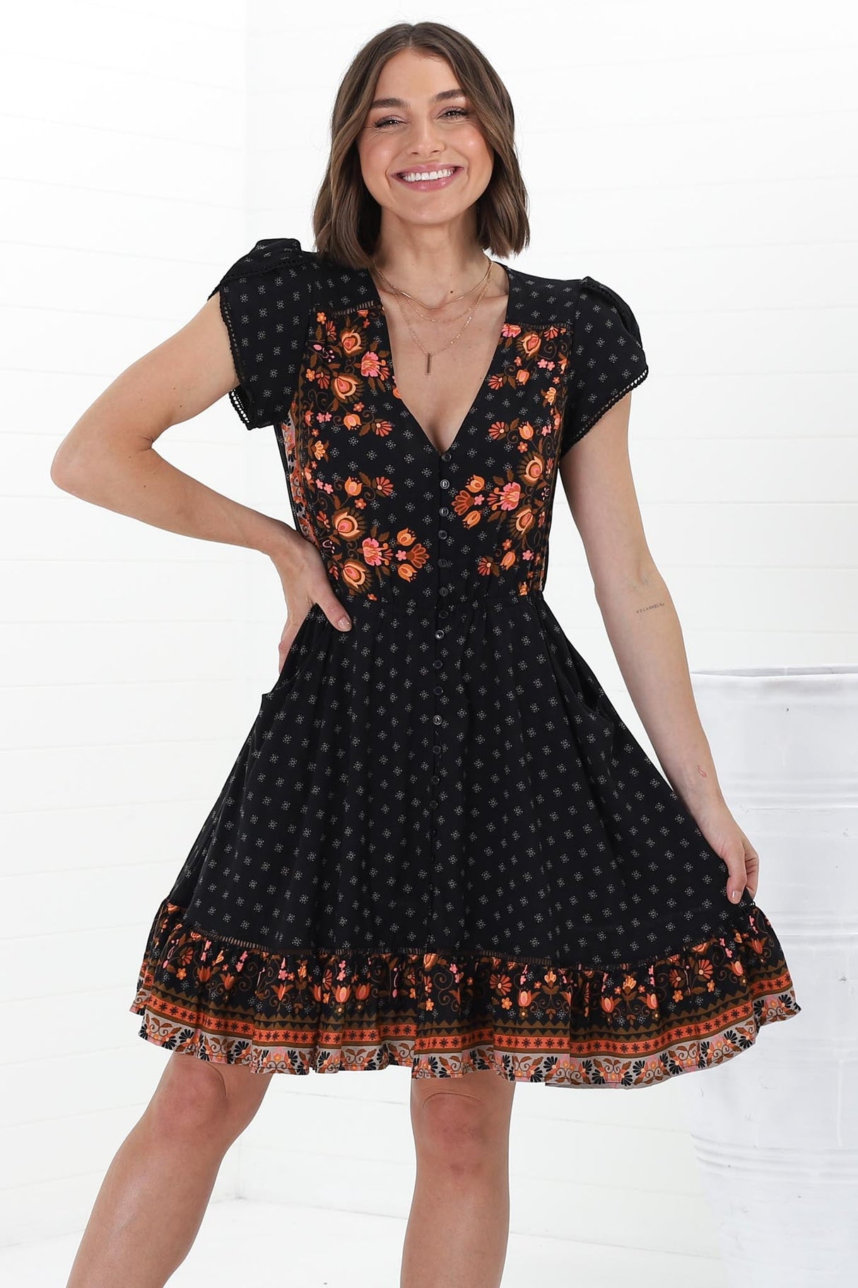 JAASE - Lizzie Mini Dress: Butterfly Cap Sleeve Button Down Dress with Pockets in Emmery Print