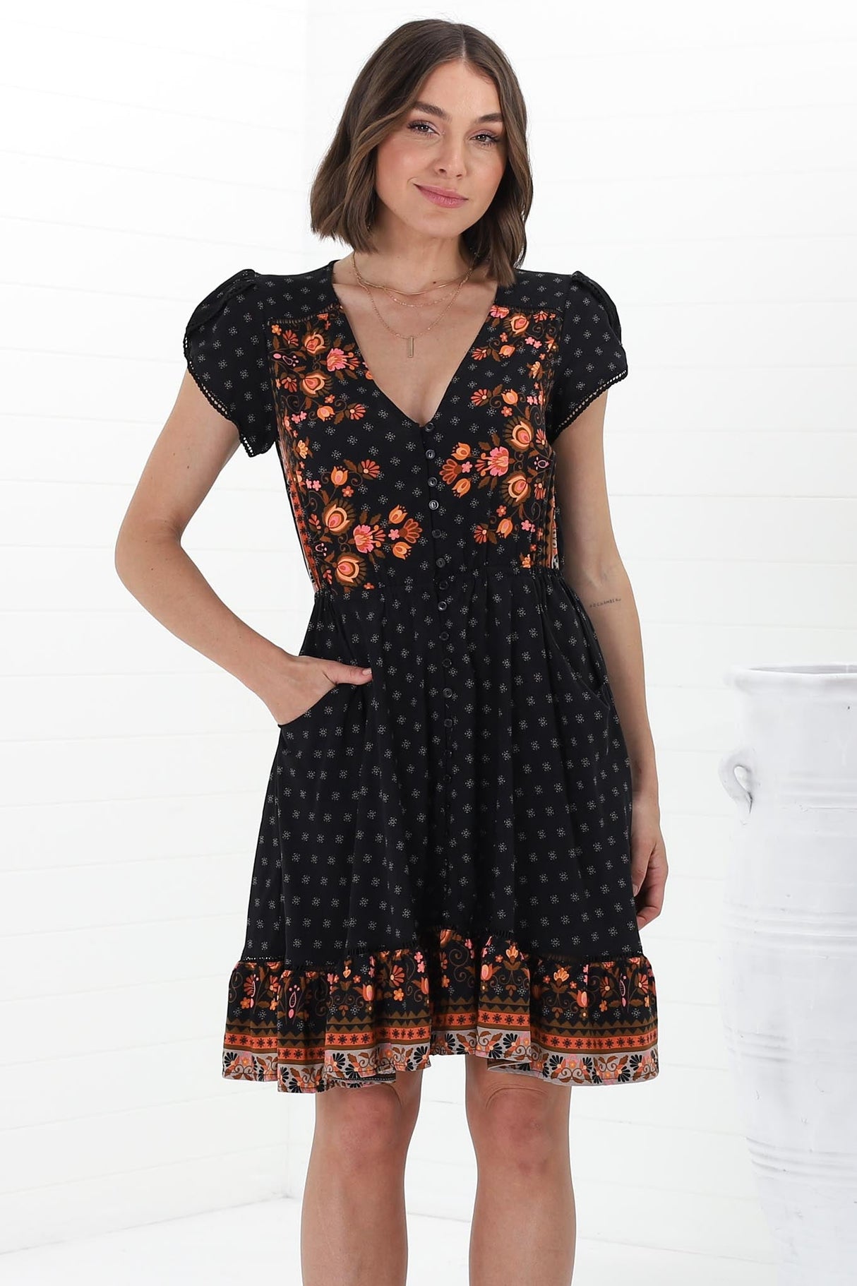 JAASE - Lizzie Mini Dress: Butterfly Cap Sleeve Button Down Dress with Pockets in Emmery Print