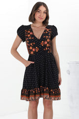 Lizzie Mini Dress - Butterfly Cap Sleeve Button Down Dress with Pockets in Emmery Print