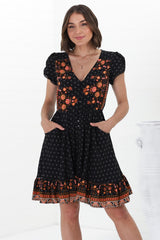 JAASE - Lizzie Mini Dress: Butterfly Cap Sleeve Button Down Dress with Pockets in Emmery Print