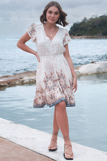 JAASE - Lizzie Mini Dress: Butterfly Cap Sleeve Button Down Dress with Pockets in Gemstone Print