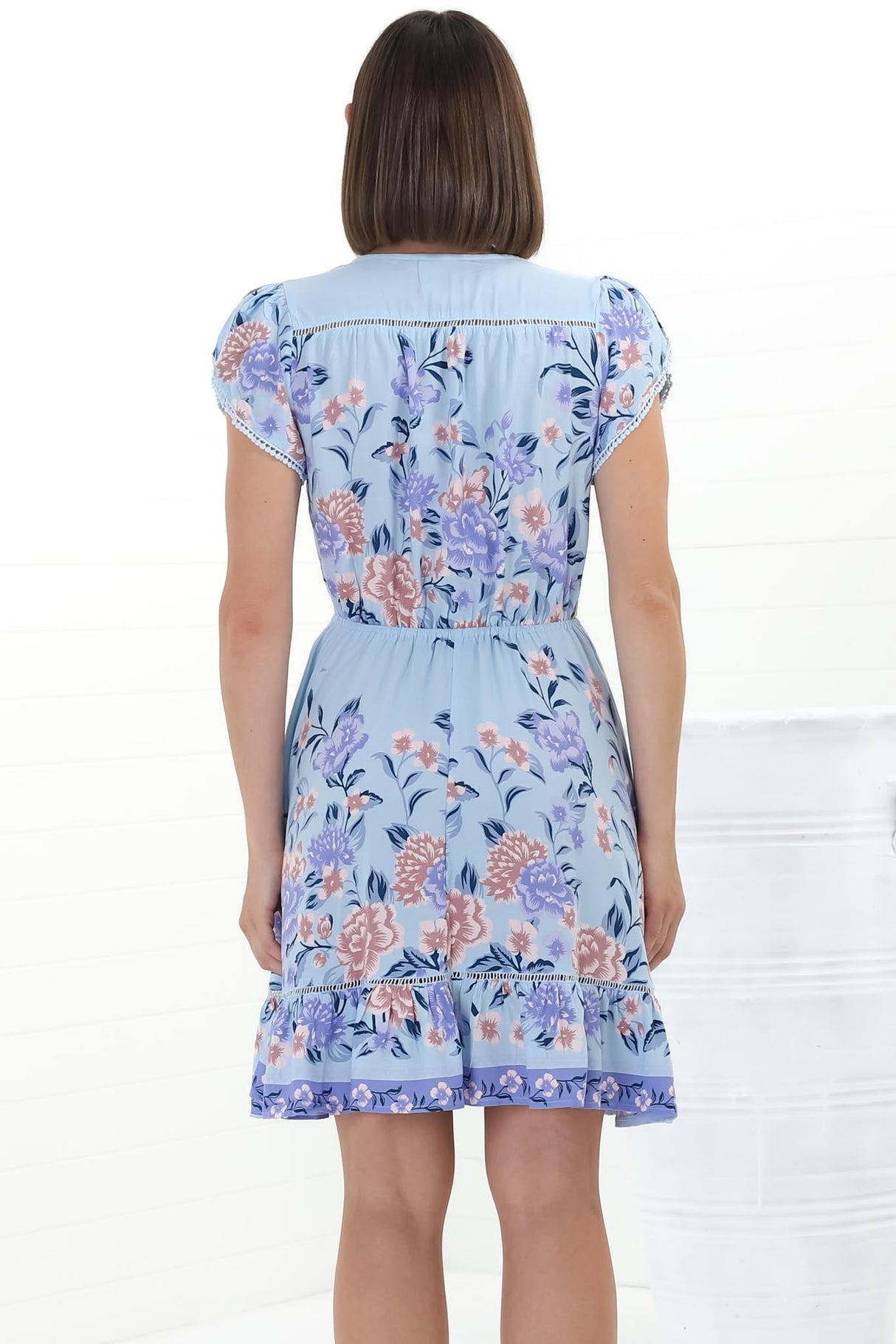 Lizzie Mini Dress - Butterfly Cap Sleeve Button Down Dress with Pockets in Heaven Print