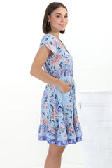 Lizzie Mini Dress - Butterfly Cap Sleeve Button Down Dress with Pockets in Heaven Print