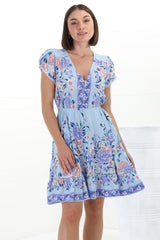 JAASE - Lizzie Mini Dress: Butterfly Cap Sleeve Button Down Dress with Pockets in Heaven Print