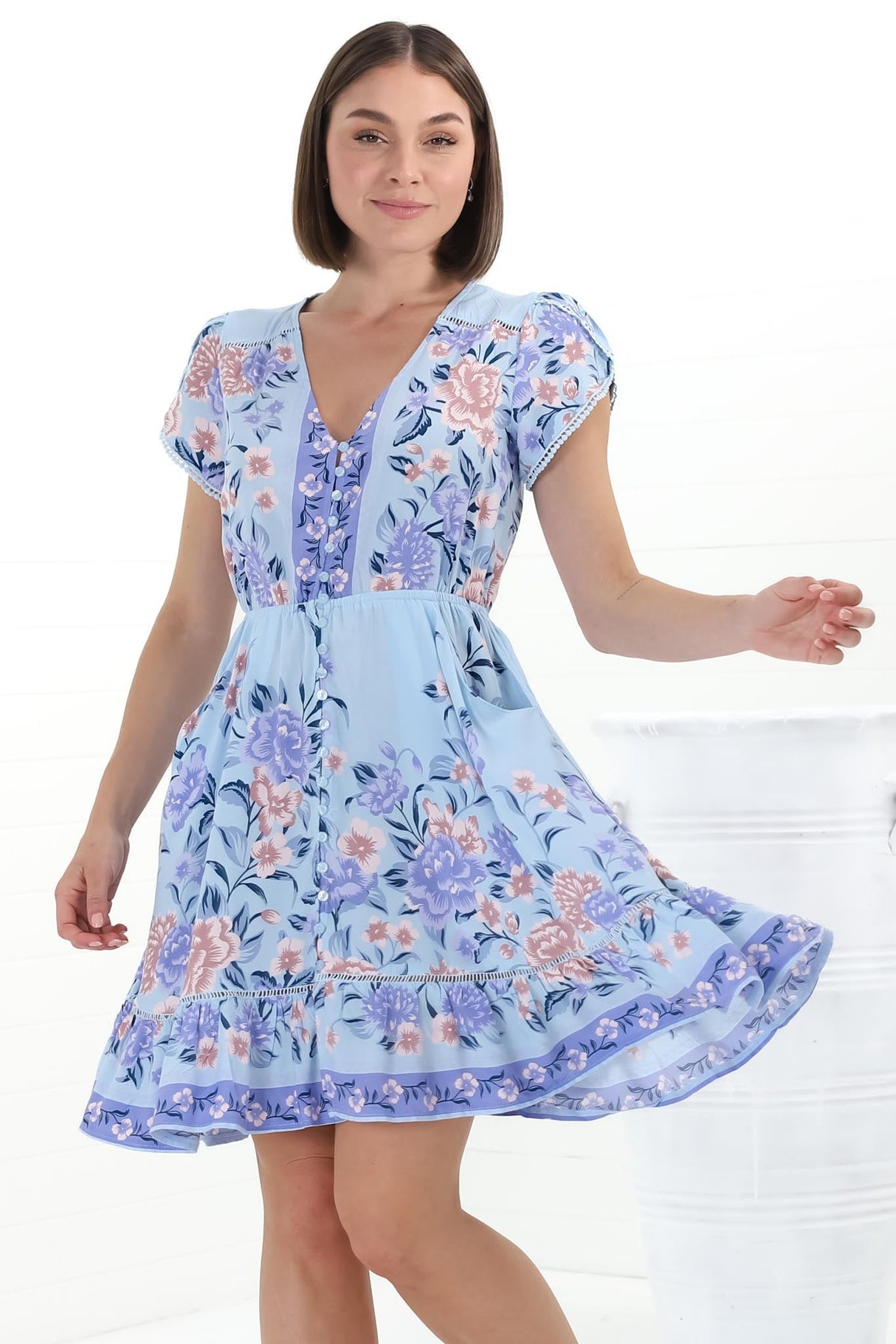 Lizzie Mini Dress - Butterfly Cap Sleeve Button Down Dress with Pockets in Heaven Print