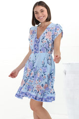 JAASE - Lizzie Mini Dress: Butterfly Cap Sleeve Button Down Dress with Pockets in Heaven Print