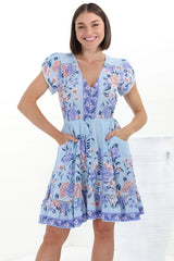 Lizzie Mini Dress - Butterfly Cap Sleeve Button Down Dress with Pockets in Heaven Print